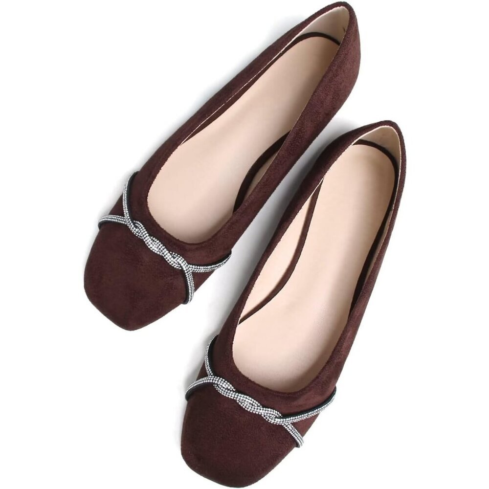 Women's Brown Suede Casual Fashion Chain Pointed Toe Ballet Flat Rhinestone